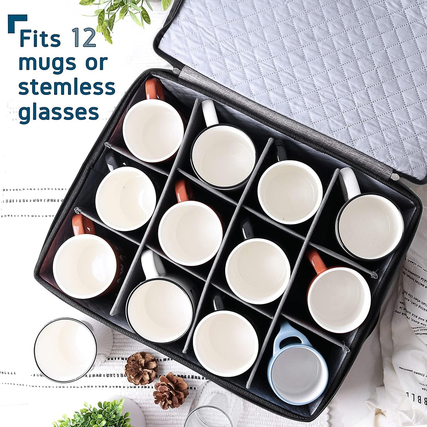 Fine China Storage Containers Hard Shell, 6 Piece Dish Storage Containers, Stackable Plate Storage Containers, Coffee Mug Storage and Wine Glass Storage Box with Dividers, Quilted Dish Organizers