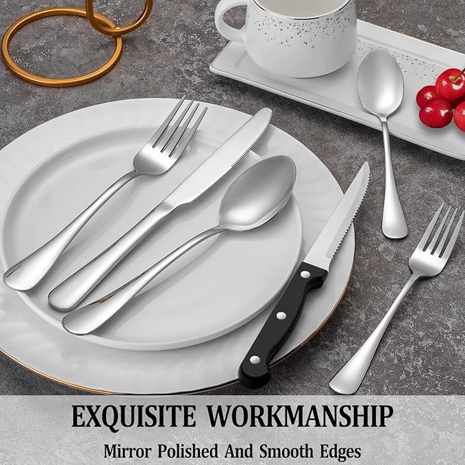 48 Pcs Silverware Set with Steak Knives Service for 8,Stainless Steel Flatware Set,Mirror Polished Cutlery Utensil Set,Home Kitchen Eating Tableware Set,Include Fork Knife Spoon Set,Dishwasher Safe