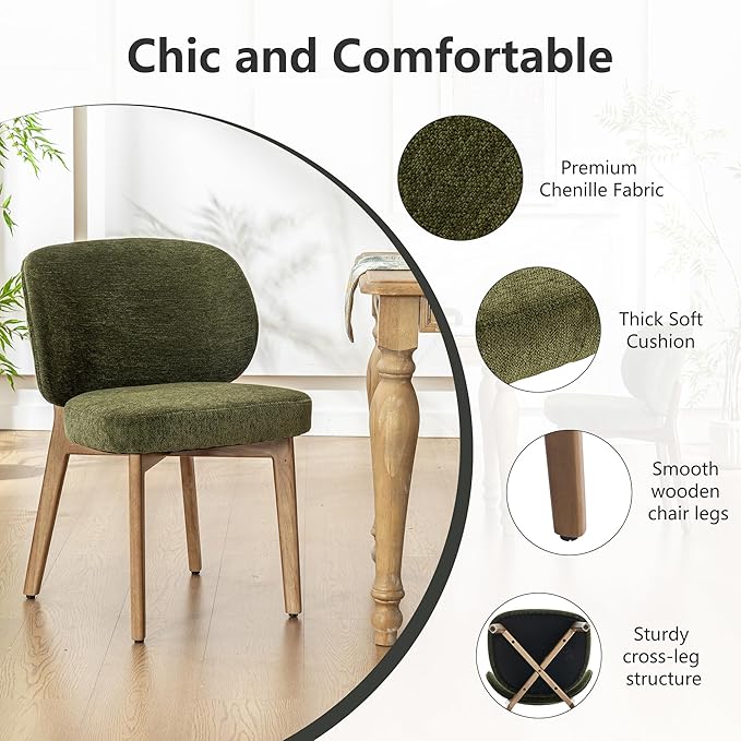 YOUNIKE Olive Green Dining Chairs Set of 6 Mid Century Modern Kitchen Chair with Back Boucle Fabric Upholstered Armless Accent Chair 20" Wide Padded Seat with Wooden Legs for Living Room Bedroom