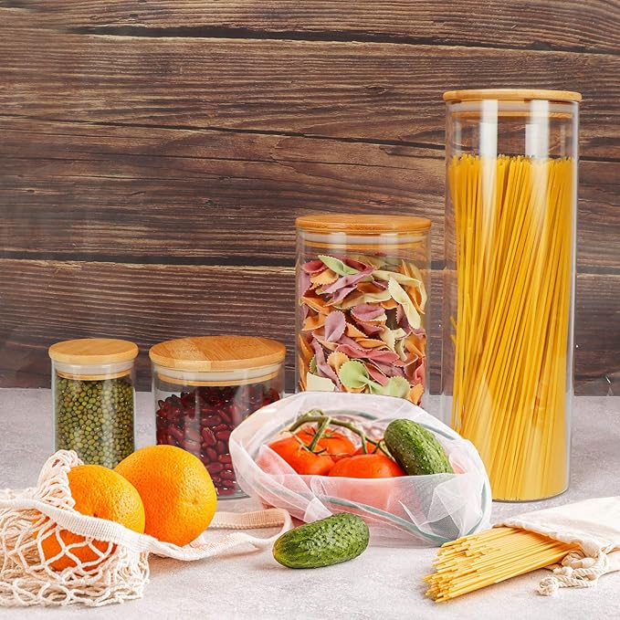 DHSBTLS 6 oz Glass Jars with Bamboo Lids, Borosilicate Glass Airtight Canisters sets, Food Storage Container, Pantry Organization and Storage Jars, Kitchen Spice Jars of 15