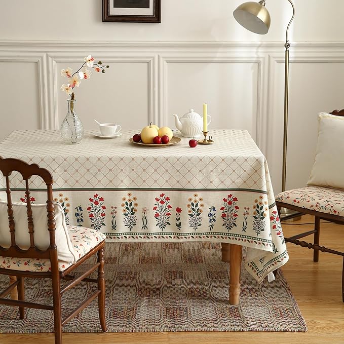 ISAENNE Designer Vintage Linen Floral Small Rectangular Tablecloth,Fall Colorful Modern Table Cloth,Anti-Wrinkle Decor Tablecloths for Dining Thanksgiving Kitchen Christmas,55"*71"-Bertina E