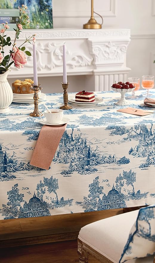 patdrea Designer Vintage Cyan Long Tablecloth for Rectangle Table,Linen Ancient Castle and Manor Pattern Tablecloths,Table Cover Decor for Kitchen Dining Christmas,Thanksgiving,63"x94"-Lucerne a