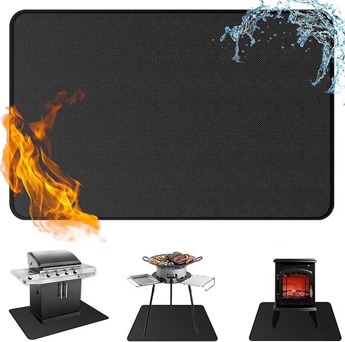 Anze Under Grill Mat for Outdoor Grill, 24 x 42 Inch Anti-Slip BBQ Floor Mats, Easy to Clean Reusable Double-Sided Fireproof Grill Pad, Oil-Proof Waterproof Protector for Indoor Fireplace Pit Mat