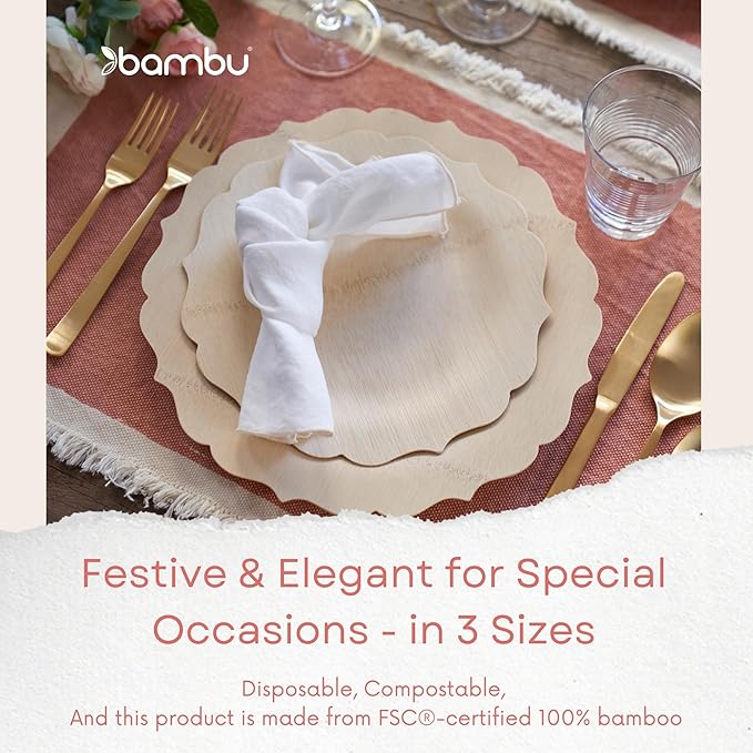 Bambu Pack of 8 - 11 Inch Disposable Bamboo Plates Fancy, Biodegradable Eco Friendly Products, Bamboo Disposable Plates for Events, Compostable Plates