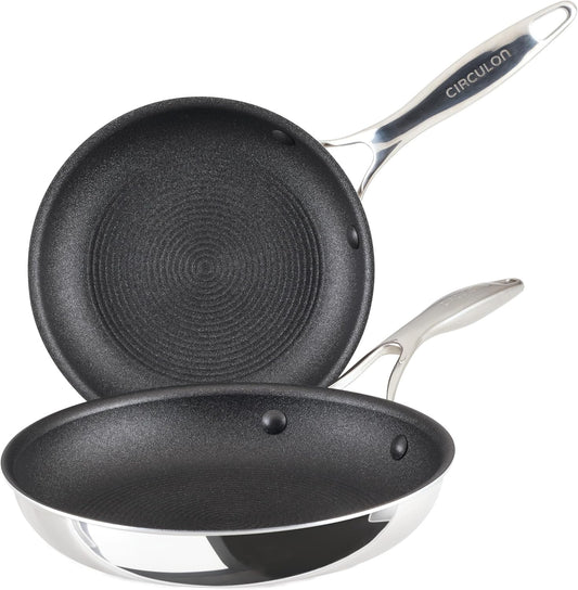 Circulon C1 Series Clad Stainless Steel with ScratchDefense Technology Cookware Nonstick Induction Frying Pans/Skillets, Metal Utensil Safe, 8.5 Inch and 10 Inch, Polished Stainless Steel