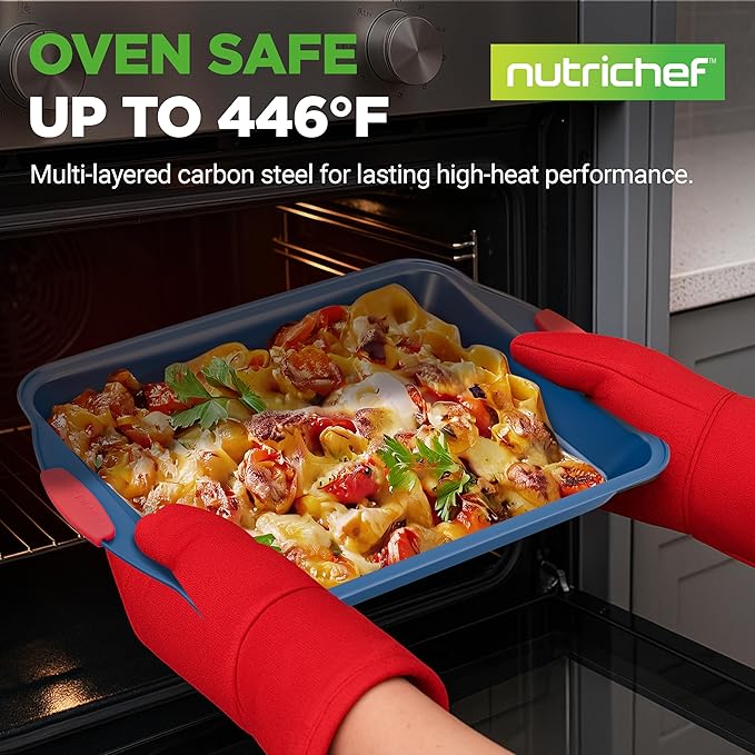 NutriChef 8-Piece Bakeware Set - Nonstick Carbon Steel Baking Pans with Red Silicone Handles, Blue Coating, Durable & Stain-Resistant, Perfect for Baking Cakes, Muffins, Cookies (Blue)