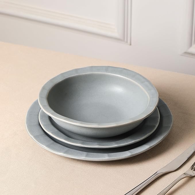 Stone Lain Oasis 12-Piece Dinnerware Set Stoneware, Dishwasher and Microwave Safe Plates and Bowls Set, Dish Set for 4, Grey Blue