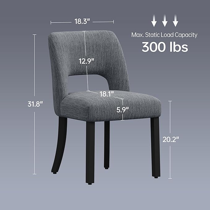 keoni Wooden Dining Chairs Set of 4, Mid Century Modern Upholstered Dining Room Chairs with Black Wood Legs, Fabric Farmhouse Kitchen Chairs with Foot Pegs for Dining Room, Dark Gray