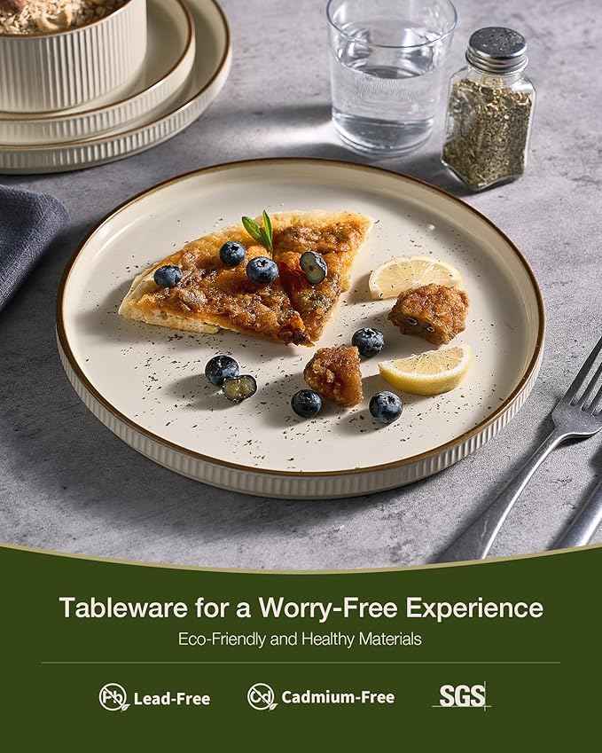 Famiware Star Dinnerware Set, Plates and Bowls Sets for 4 (12pcs), Ribbed Stoneware Dishes with Trim - Chip & Scratch Resistant, Microwave & Dishwasher Safe, Cream