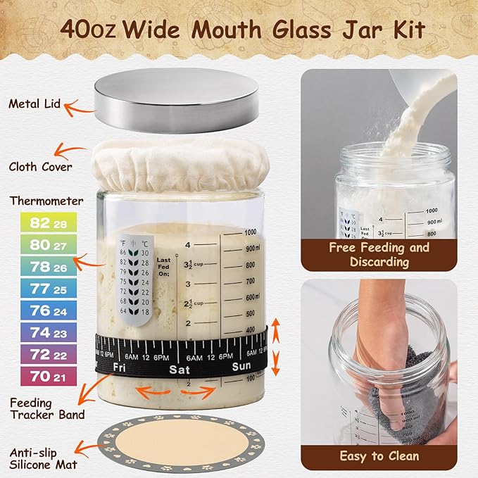 Angadona Sourdough Starter Kit, Sourdough Bread Baking Supplies, 40oz Sourdough Starter Jar, 9" Round & 10" Oval Silicone Bread Proofing Baskets Set, Bread baking tools,Silicone bread Sling