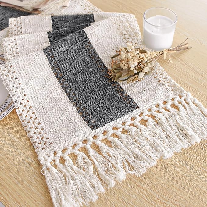 FEXIA Boho Table Runner for Christmas Home Decor with Tassels 72 Inches Long Farmhouse Grey Rustic Table Runner Macrame Burlap Table Decoration for Living Room Bridal Shower(12x72 Inches)
