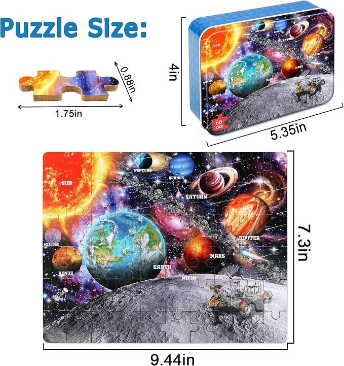 LELEMON Puzzles for Kids Ages 4-6, Space 60 Piece Puzzles for Kids Ages 3-5 in a Metal Box, Educational Jigsaw Puzzles Childrens Puzzle Games Puzzle Toys for Girls and Boys