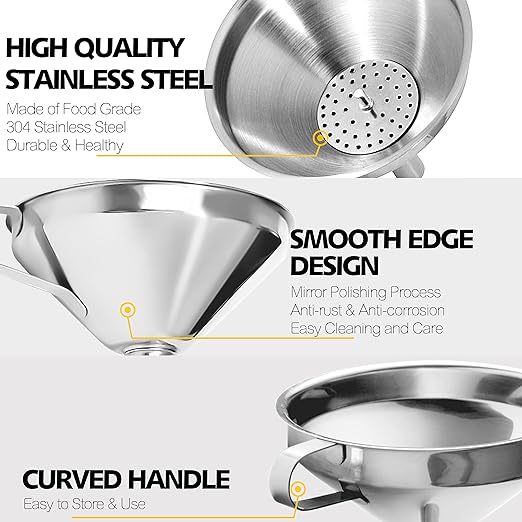 Anaeat 3 Pack Stainless Steel Kitchen Funnel Set, Multi-Use Premium Metal Food Grade Cooking Funnels with 2 Removable Strainer Filter for Transferring Liquid or Dry Ingredients & 1 Pc Cleaning Brush