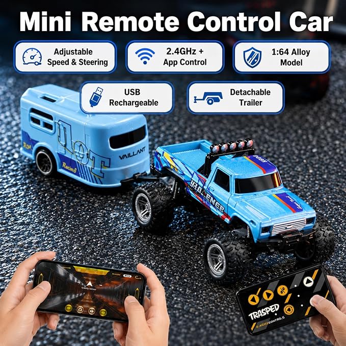 1:64 Scale Mini Remote Control Monster Truck with Trailer | 2.4GHz & App Dual Control, Alloy Mini RC Car with LED Lights, Portable Pocket Toy Car for Kids & Adults, Gift for Boys (Blue-b)