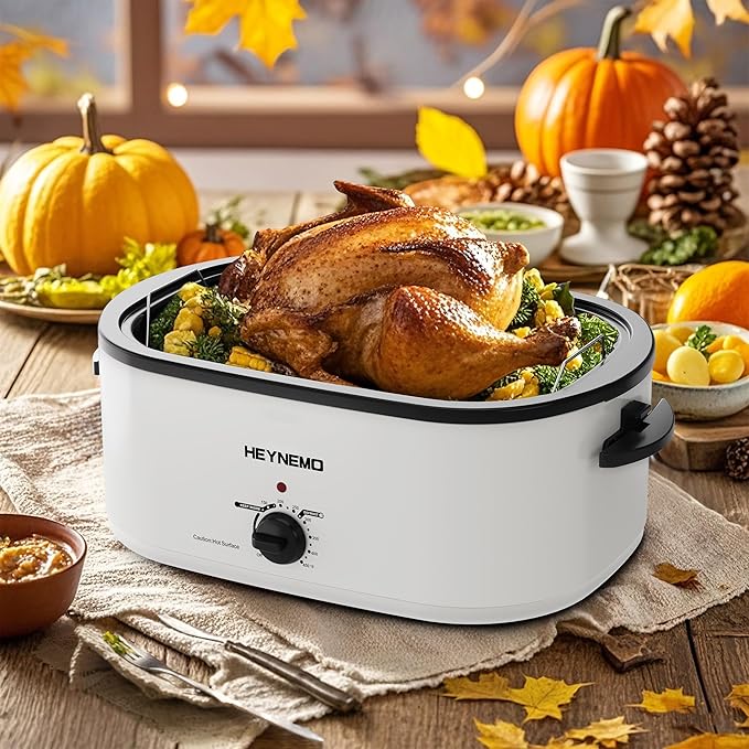 26 Quart Electric Roaster Oven with Visible & Self-Basting Lid, Large Turkey Roaster with Defrost Warm Function, Adjustable Temperature, Removable Pan Rack, Stainless Steel, White