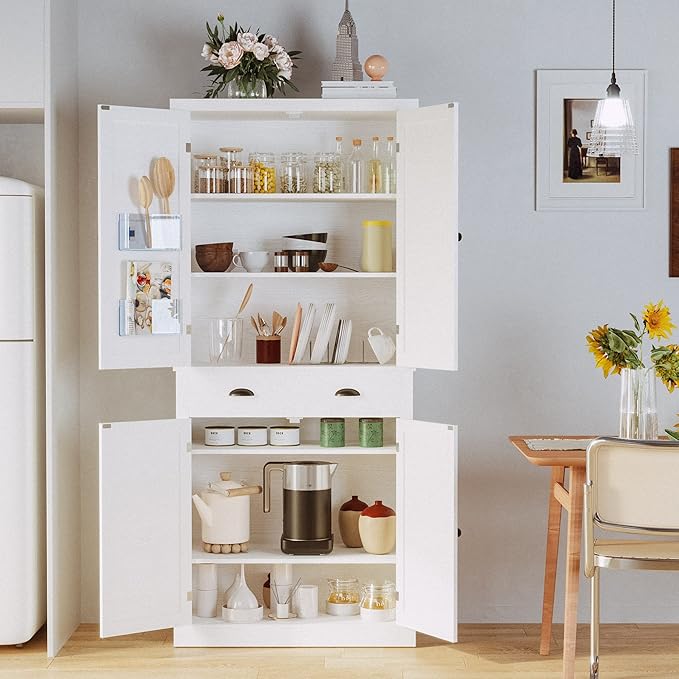 IRONCK Kitchen Pantry Storage Cabinet 72.6" H, with Barn Doors, Drawer, 4 Adjustable Shelves, Freestanding Cupboard, Laundry, White