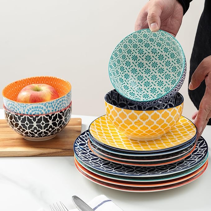 LEHAHA 12 Pieces Ceramic Dinnerware Sets, Porcelain Round Dinner Set for 4, Microwave and Dishwasher Safe Plates and Bowls Dishes Sets, Kitchen Dinner Dinning Ware Set, Assorted Colors