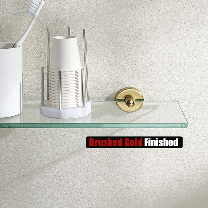 JQK Bathroom Glass Shelf Gold, Tempered Glass Shower Storage 16 by 5 inches, 304 Stainless Steel Brushed Gold Wall Mount 2 Pack, TGS101L16-BG-P2