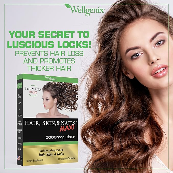 Wellgenix Purvana Max Hair, Skin, and Nails Vitamin - Double Strength Biotin 5000 MCG, VIT A & B, Folic Acid, Grape Seed Extract - Hair Support Supplement -30 Capsules (Pack of 1)