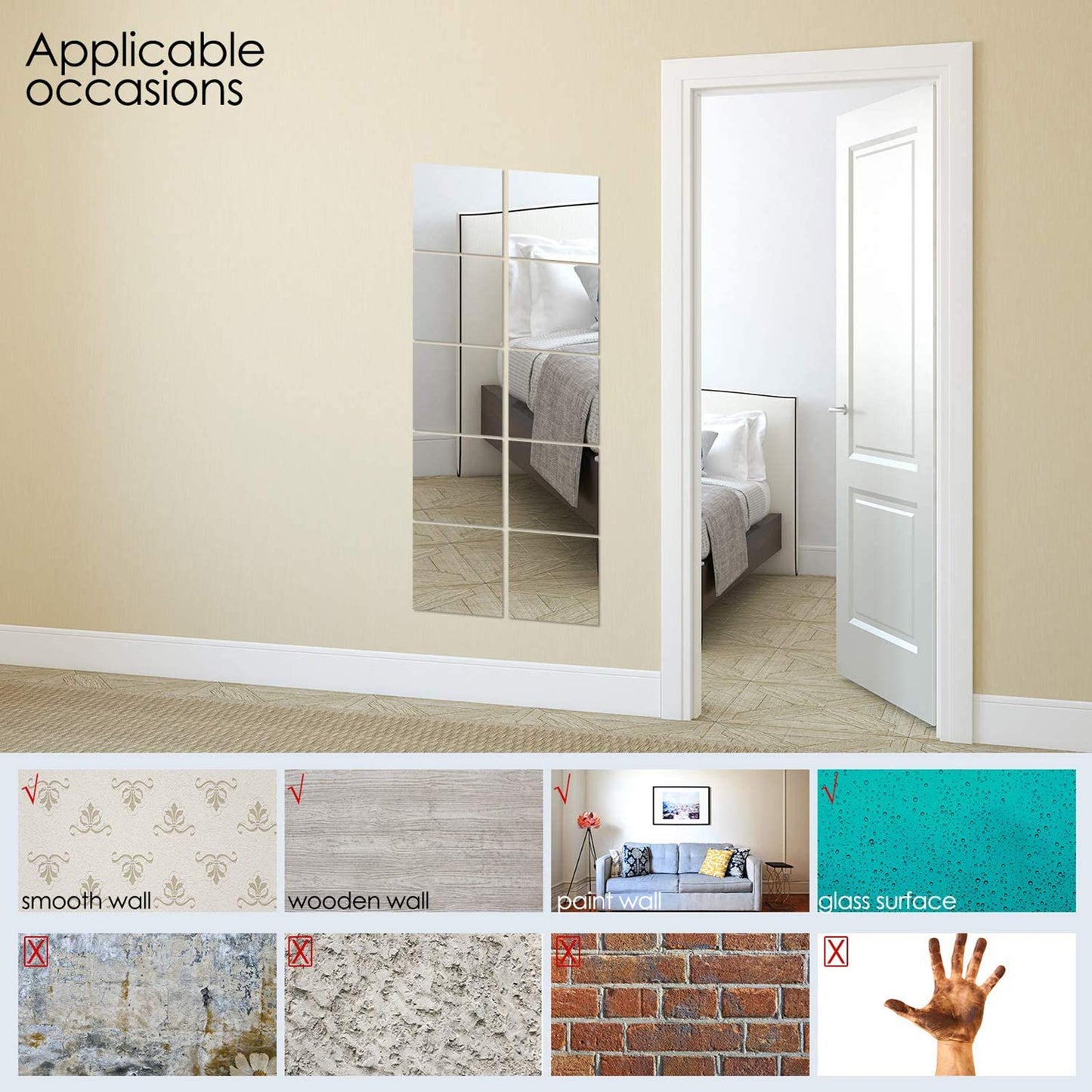 BBTO 10 Pieces Self Adhesive Mirror Stickers 12 x 12 Inch Flexible Cut to Size Mirror Sheets Wall Frameless Small Sheets for Home Living Room Wall Decor