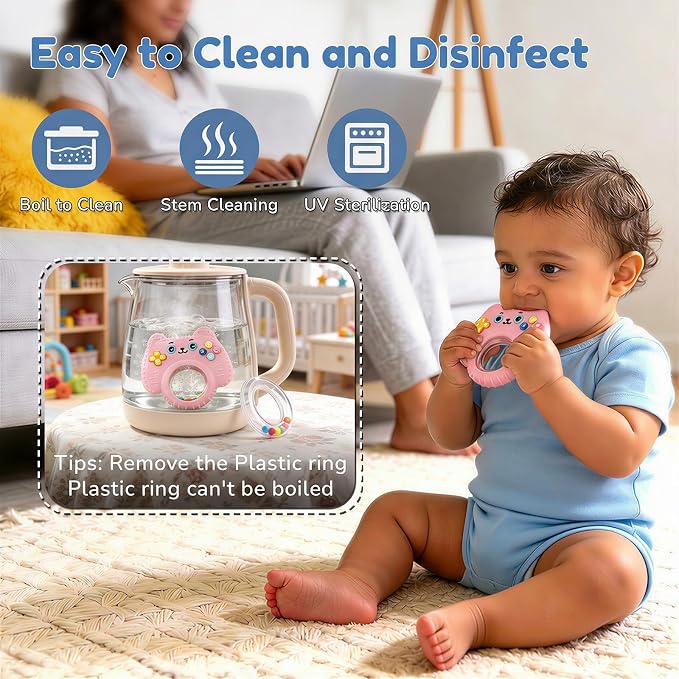 Baby Teether Toy Silicone Cat Teething Ring -Game Controller, Baby Rattle Toy Chew Sensory Toys for Babies Over 3 Months, Teething Relief for Newborn Infant Essentials 0-6 6-12 Months, BPA Free -Pink