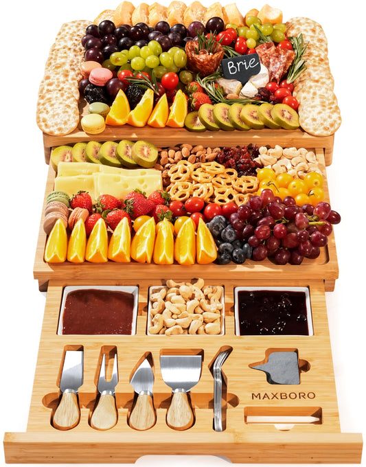 Extra Large 33.7x15.7 inch Charcuterie Boards Gift Set, 100% Bamboo Cheese Board and Knife Set, Cool Meat Cheese Platter Tray, House Warming Gifts New Home, Ideas for Women Mom