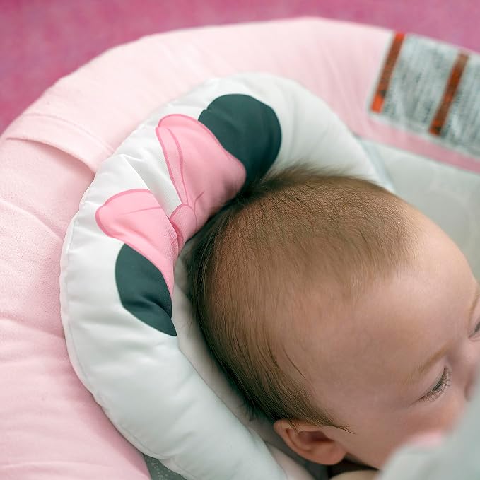 Bright Starts Disney Baby Minnie Mouse Comfy Baby Bouncer Soothing Vibrations Infant Seat - Music, Removable -Toy Bar, 0-6 Months Up to 20 lbs (Rosy Skies)
