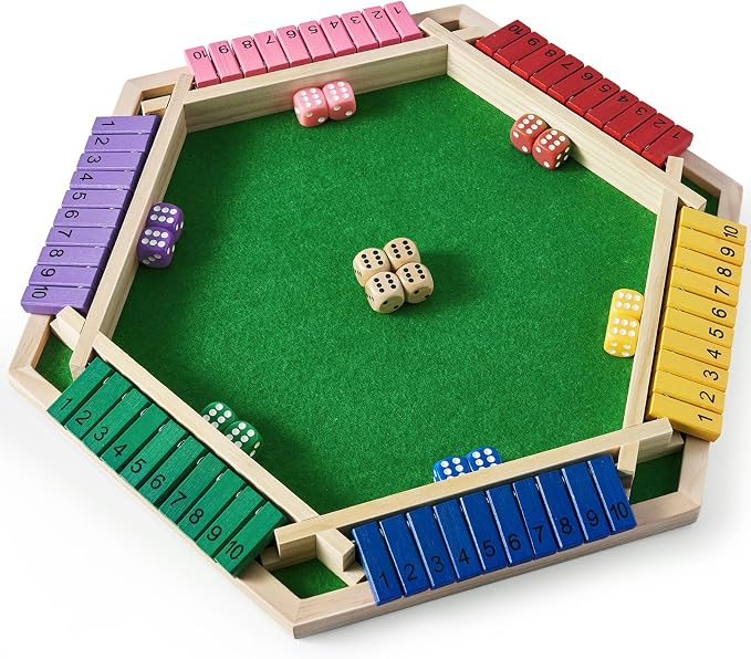 Vamslove Shut The Box Game for 6 Player with 12+4 Dice - Colorful 6 Sided Wooden Board Math Number Games for Kids Adults Families Party Club (Instructions Included)