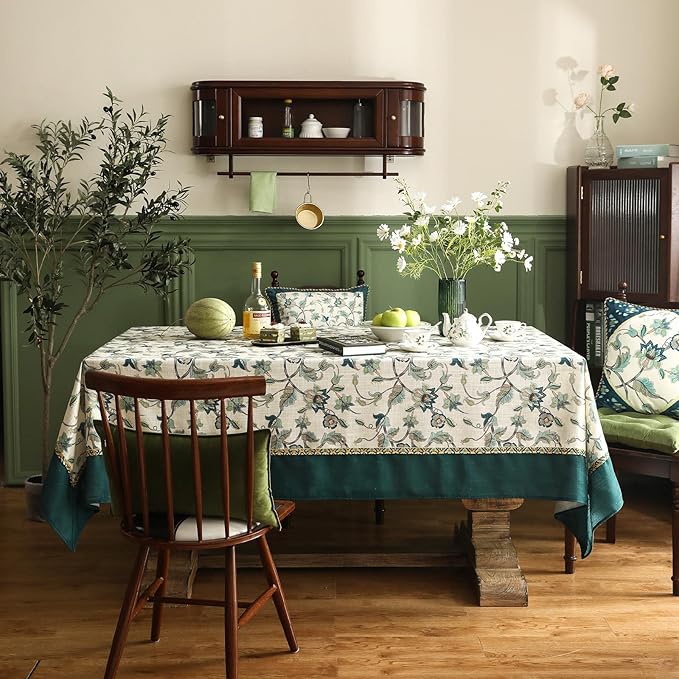 patdrea Designer Green Linen Rectangle Tablecloth,Vintage Floral Pattern Breathable Table Cloth,Home Table Cover Decor for Kitchen Dining,Christmas,Thanksgiving,Holiday,Tea Party,55"x87"-Noah