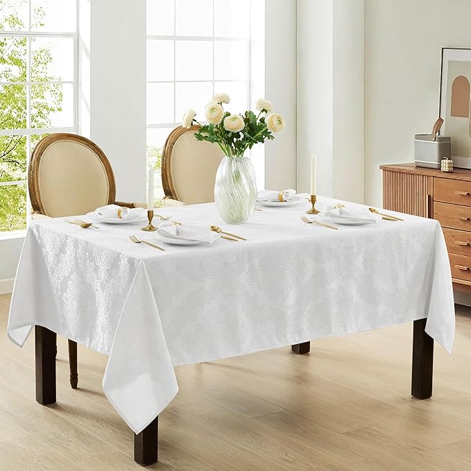 Newbridge Barcelona Luxury Damask Fabric Tablecloth, 52” Wide x 52” Square, White, 100% Polyester, No Iron, Soil Resistant Dining Room, Party and Banquet Table Cover