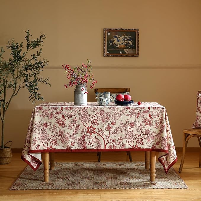 ISAENNE Designer French Linen Small Square Tablecloth,Red Floral Washable Indoor Table Cloth,Durable Home Decor Tablecloths for Dining Thanksgiving Kitchen Tea Party Christmas,55"*55"-Ruyi A