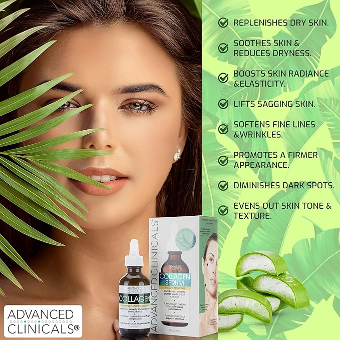 Advanced Clinicals Collagen Serum For Face | Visible Anti Aging Collagen Peptide Serum + Hyaluronic Acid Moisturizer Improves Look Of Wrinkles, Dry Skin, & Fine Lines, No added Fragrance, 2-Pack