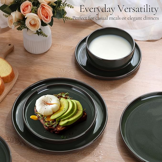 E-far Stoneware Dinnerware Sets for 8, 24 Pieces Reactive Glaze Plates and Bowls Sets, Elegant Dishes with Rustic Terracotta Clay Base, Dishwasher & Microwave Safe, Scratch Resistant, Blackish Green