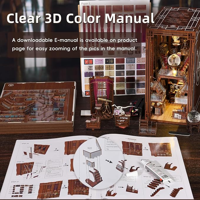 CCCDF DIY Book Nook Kit, DIY Miniature Dollhouse Booknook Kit, 3D Wooden Puzzle Bookend Bookshelf Insert Decor with LED Light for Teens and Adults (Beyond Library)
