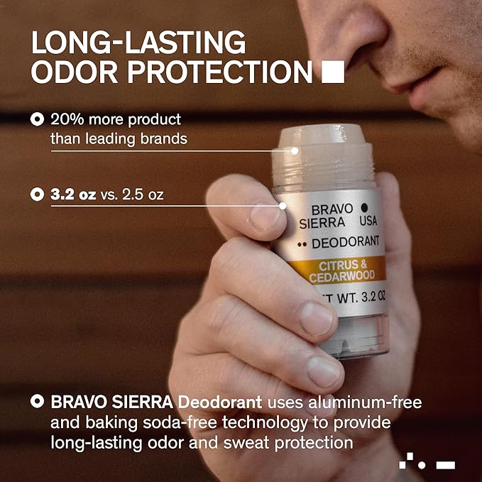 Aluminum-Free Deodorant for Men by Bravo Sierra, 1-Pack -Contains Natural Ingredients –Long Lasting All-Day Odor and Sweat Protection - Citrus and Cedarwood, 3.2 oz -Paraben-Free, Vegan & Cruelty-Free