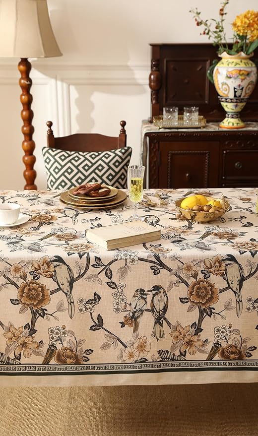 ISAENNE Designer Vintage Linen Small Table Cloth for Rectangle Table,Floral and Bird Pattern Tablecloths,Fall Wrinkle Resistant Decor Tablecloth for Dining Kitchen Party,55"*71"-Murad A