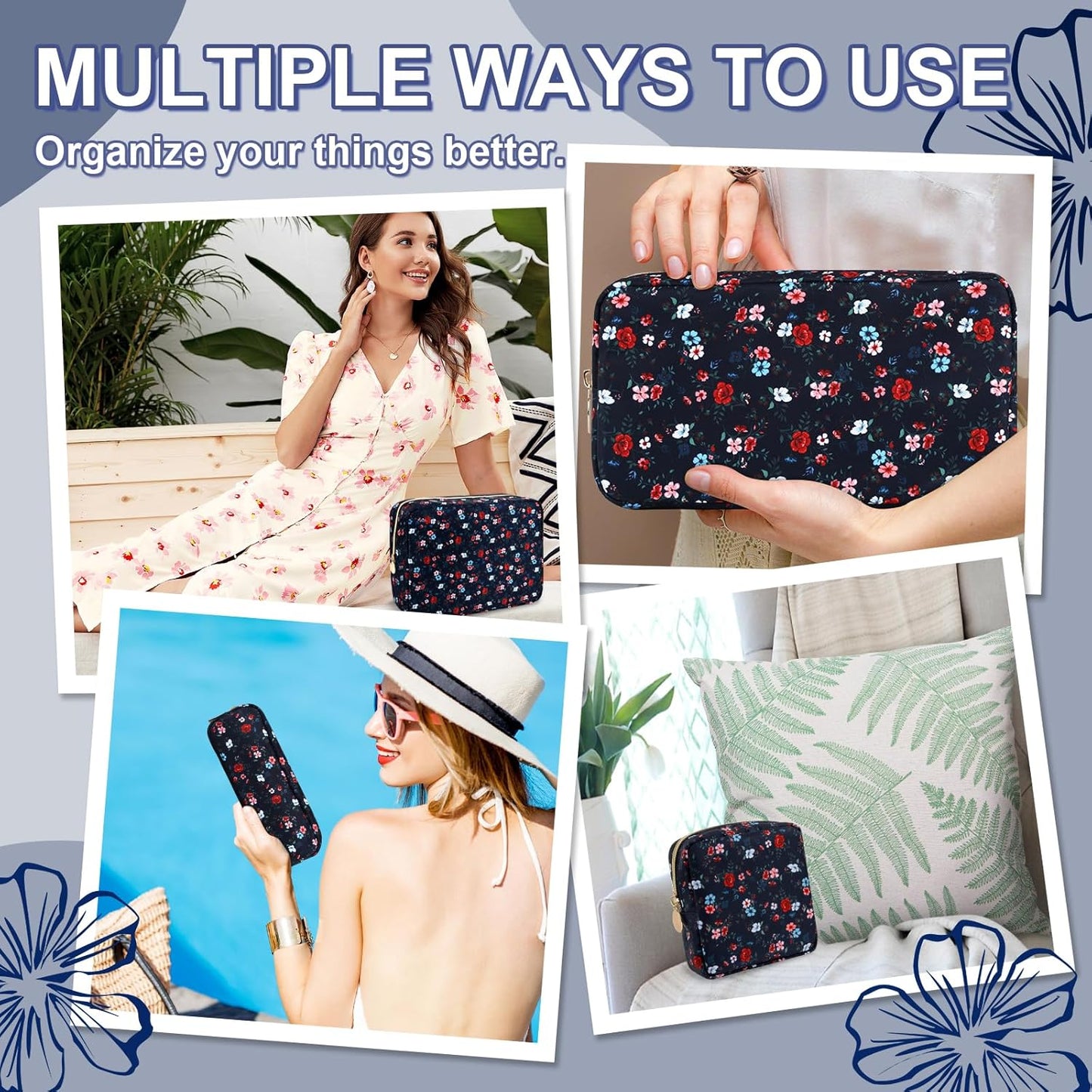 Waterproof Large Floral Makeup Pouch,Nylon Travel Toiletry Storage Purse Preppy Cosmetic Bag for Women Girl,Large Capacity Makeup Organizer Zipper Pouch for Work(L Black-Flowers)