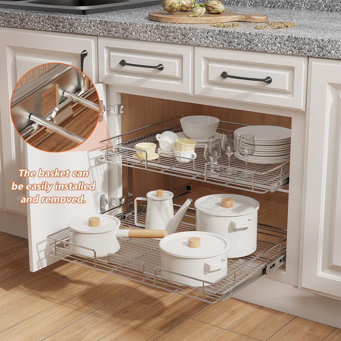 ROOMTEC Individual Pull Out Cabinet Organizer (27" W x 21½" D), 2 Tier Spice Rack Organizer for Cabinet, Slide Out Drawer Pantry Shelf Organization and Storage for Kitchen Bathroom