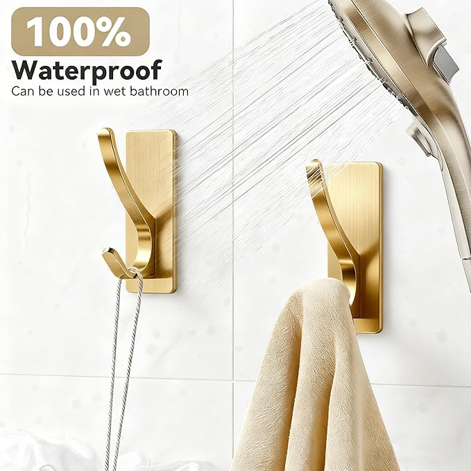 10 Pack Brushed Gold Self Adhesive Coat Hooks for Hanging: 13LB Extra Strong Stainless Double Wall Hook for Towel, Backpack, Hat, Sturdy Metal Hanger for Bathroom, Bedroom, Door, Wall Mounted