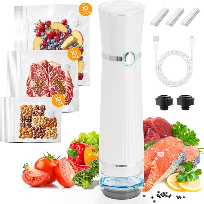 Vacuum Sealer for Food with 30 Reusable Vacuum Bags, Automatic Pressure Detection, Handheld Vacuum Sealer, Portable & Compact, White