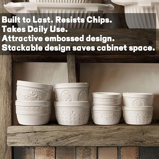Artena Ramekins Oven Safe, Creme Brulee Ramekins, Embossed White Ceramic Ramiken, Souffle Pudding Custard Cups, Baking Dish, Dipping Bowls, Sauce Cups, Set Of 4 (Multiple Patterns, 8 oz)