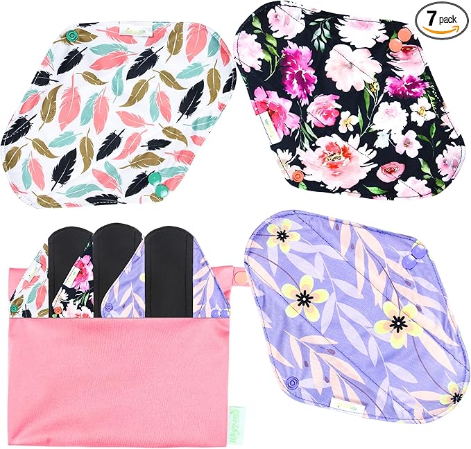 wegreeco Reusable Menstrual Pads - Reusable Sanitary Pads | Reusable Panty Liners | Soft Cloth Menstrual Pads - 6 Pack with 1 Cloth Mini Wet Bag (Small, Flower 02)