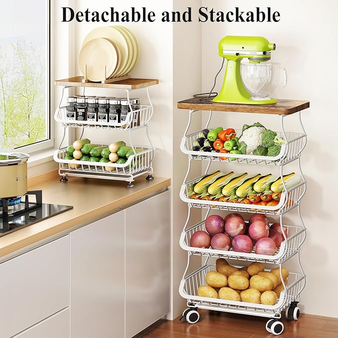 SAYZH Fruit Basket Kitchen Pantry Organizers and Storage - Wooden Top Table, Stackable Metal Wire Basket Stand Cart for Fruit Vegetable Snacks Onion Potato Organization (White, 5 Tiers)