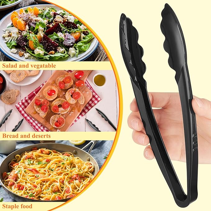 Tessco for you 80 Pcs Plastic Tongs for Serving Bulk, 9 Inch Plastic Disposable Serving Tongs Heavy Duty Salad Utensils for Kitchen Buffets BBQ Events Catering (Black)