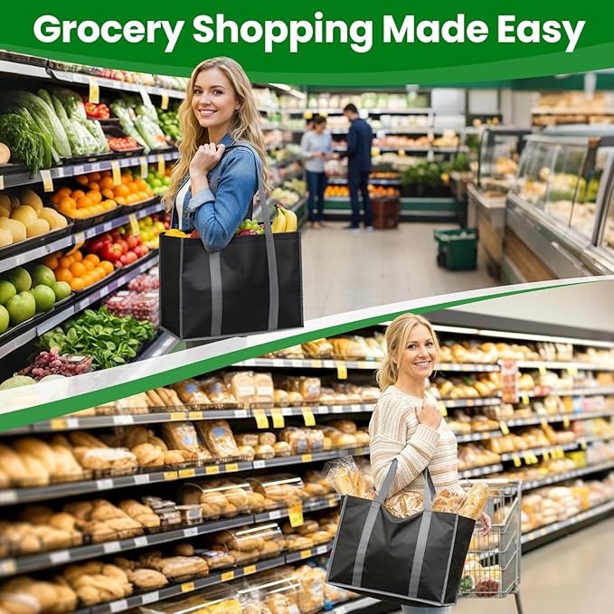 SpaceWhisper Reusable Grocery Bags with Long Handles [4 Pack] - Multipurpose Large Shopping Bags for Groceries, Foldable Grocery Totes Resist Water & Stains for Kitchen, Car Trunk, Picnic (Black)