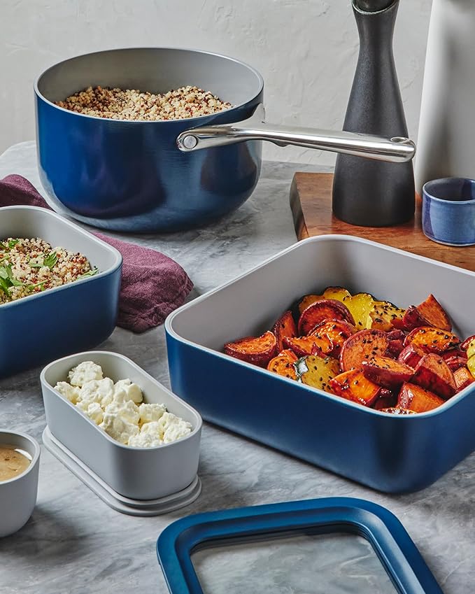 Caraway 2pc Glass Food Storage Set - 10 Cup Food Containers (2) - Ceramic Coated - Non Toxic, Non Stick Lunch Box with Lids. Dishwasher, Oven, & Microwave Safe - Gray