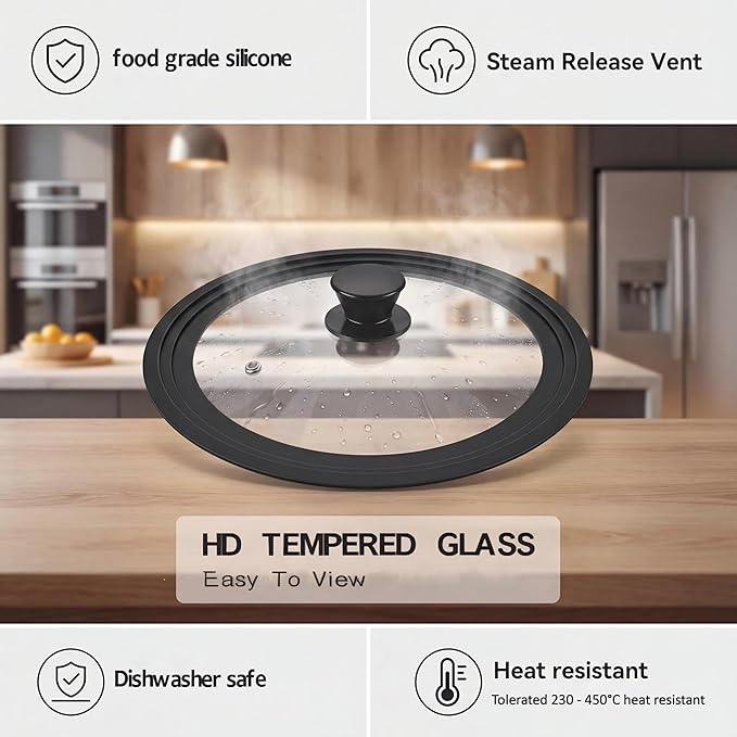Universal Lid for Pots Pans and Skillets, 8.5&9.5&10.5 inch, Diameter Cookware, Silicone Replacement Pan Lid Pot Lids for Frying Pans, Cast Iron,Tempered Glass Lid