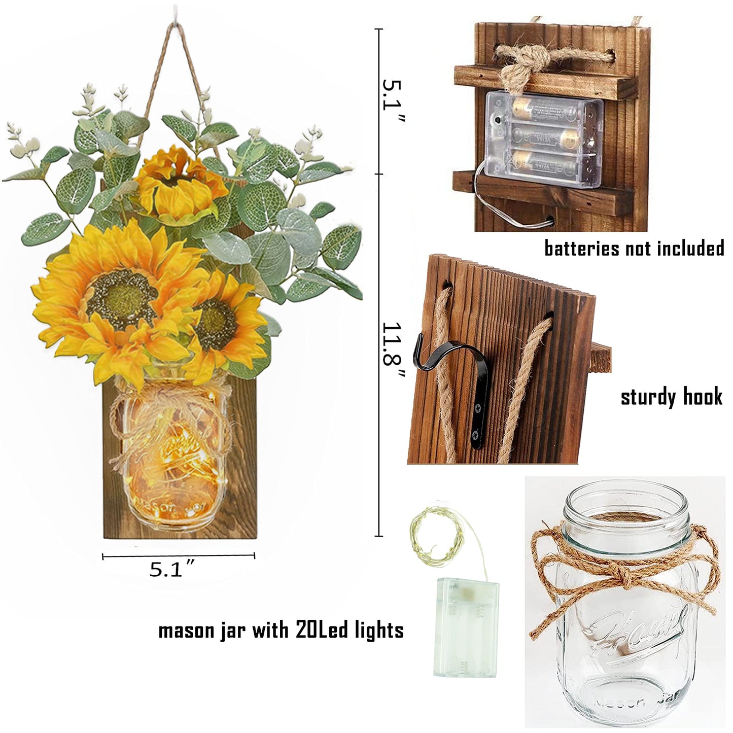 2 Pack Mason Jar Wall Sconces Remote Control with 20 LED Fairy String Lights, Sunflowers and Wooden Board, Decorative Jars for Wall Decor, Door Decor (Brown)