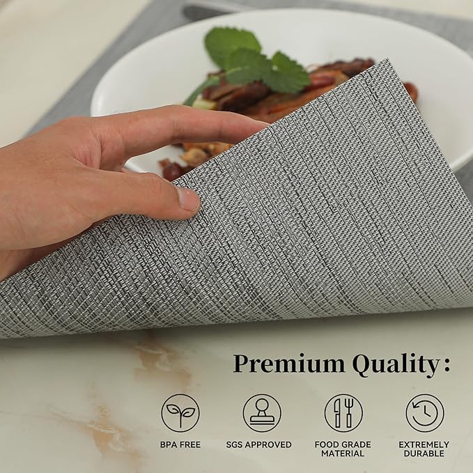 Leetaltree Grey Placemats, Heat Resistant Non-Slip Place mats for Dining Table, Washable Durable PVC Vinyl Woven Table Mats (Set of 20)