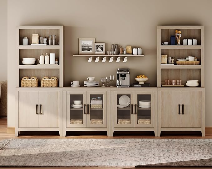 WAMPAT Entertainment Center with Bookshelves, 4-Piece Modular TV Stand with Storage Towers, Farmhouse Media Console with Glass Doors for Living Room, Bedroom, Beige